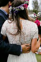 Boho Wedding Dress A-line Jewel Neck Short Sleeve Ankle Length Lace Two Pieces Bridal Gown-Dbrbridal