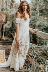 Boho Wedding Dress Lace Off The Shoulder A-line Long Lace Bridal Gown-Dbrbridal