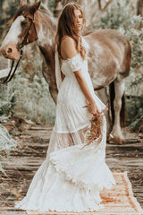 Boho Wedding Dress Lace Off The Shoulder A-line Long Lace Bridal Gown-Dbrbridal