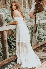 Boho Wedding Dress Lace Off The Shoulder A-line Long Lace Bridal Gown-Dbrbridal