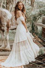 Boho Wedding Dress Lace Off The Shoulder A-line Long Lace Bridal Gown-Dbrbridal