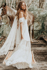 Boho Wedding Dress Lace Off The Shoulder A-line Long Lace Bridal Gown-Dbrbridal