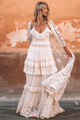 Boho Wedding Dress Suit Chic V-Neck Long Lace Multilayer Bridal Gown Dress And Outfit-Dbrbridal