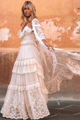 Boho Wedding Dress Suit Chic V-Neck Long Lace Multilayer Bridal Gown Dress And Outfit-Dbrbridal