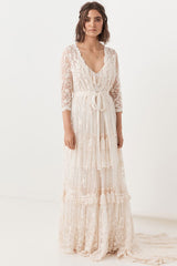 Boho Wedding Dress Suit Chic V-Neck Long Lace Multilayer Bridal Gown Dress And Outfit-Dbrbridal