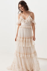 Boho Wedding Dress Suit Chic V-Neck Long Lace Multilayer Bridal Gown Dress And Outfit-Dbrbridal