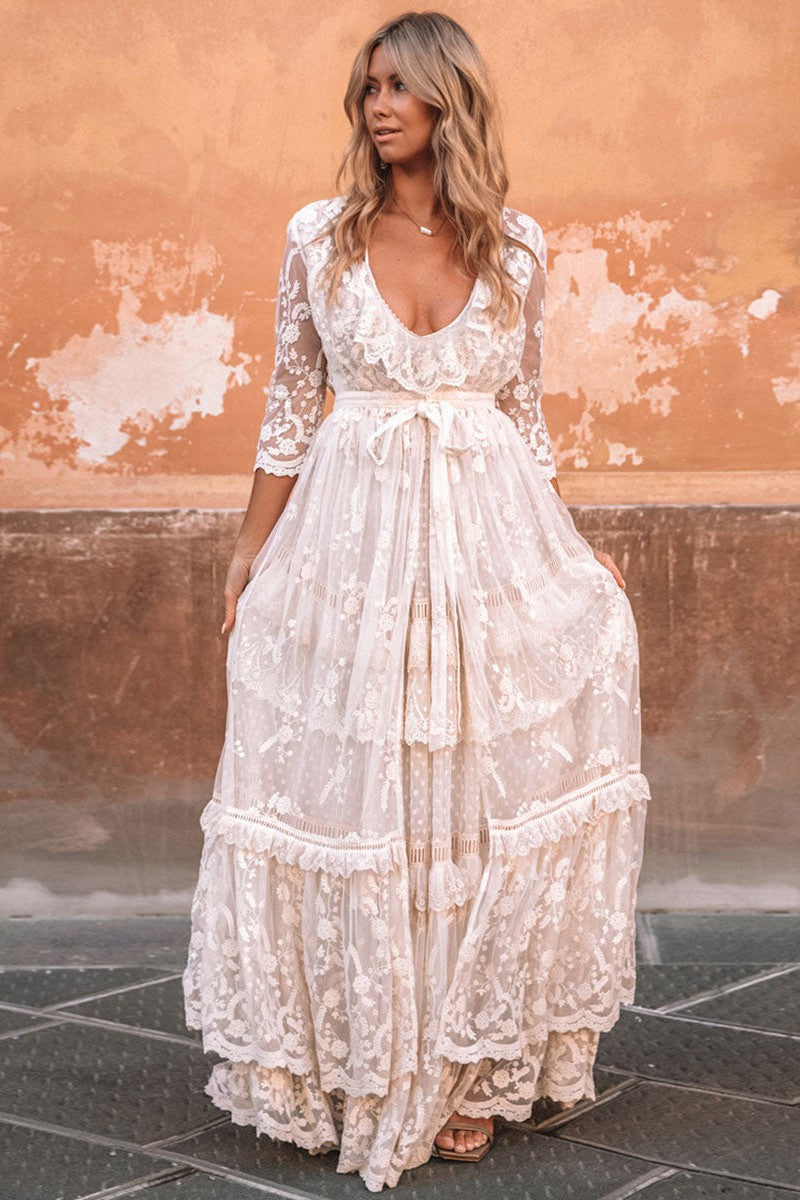 Boho Wedding Dress Suit V-Neck Floor Length Lace Multilayer Bridal Gown Dress And Outfit Dbrbridal Boho Wedding Dress Suit V-Neck Floor Length Lace Multilayer Bridal Gown Dress And Outfit Dbrbridal