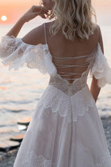 Boho Wedding Dresses A-line Deep V-Neck Straps Lace Short Sleeve Bridal Gown For Beach Wedding With Sweep Train-Dbrbridal