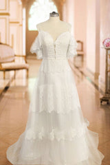 Boho Wedding Dresses A-line Deep V-Neck Straps Lace Short Sleeve Bridal Gown For Beach Wedding With Sweep Train-Dbrbridal