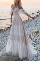 Boho Wedding Dresses A-line Deep V-Neck Straps Lace Short Sleeve Bridal Gown For Beach Wedding With Sweep Train-Dbrbridal
