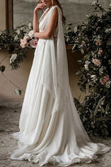 Boho Wedding Dresses Chiffon Chic V-Neck High Waist Roman Drapery Sleeve Bridal Gown-Dbrbridal