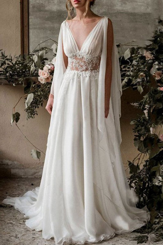 Boho Wedding Dresses Chiffon V-Neck High Waist Roman Drapery Sleeve Bridal Gown – Dbrbridal
