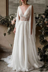 Boho Wedding Dresses Chiffon Chic V-Neck High Waist Roman Drapery Sleeve Bridal Gown-Dbrbridal