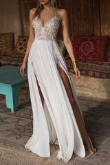 Boho Wedding Dresses Lace Chic V-Neck Sleeveless Beaded Sexy Backless Double Splits Chiffon Beach Bridal Gowns-Dbrbridal