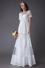 Boho Wedding Dresses Lace Chiffon Patchwork Ivory Short Sleeve Gypsy Maxi Beach Bridal Gowns Exclusive-Dbrbridal