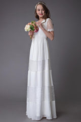 Boho Wedding Dresses Lace Chiffon Patchwork Ivory Short Sleeve Gypsy Maxi Beach Bridal Gowns Exclusive-Dbrbridal