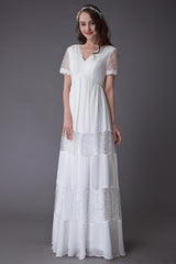 Boho Wedding Dresses Lace Chiffon Patchwork Ivory Short Sleeve Gypsy Maxi Beach Bridal Gowns Exclusive-Dbrbridal