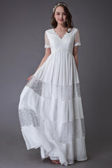 Boho Wedding Dresses Lace Chiffon Patchwork Ivory Short Sleeve Gypsy Maxi Beach Bridal Gowns Exclusive-Dbrbridal