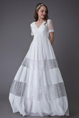 Boho Wedding Dresses Lace Chiffon Patchwork Ivory Short Sleeve Gypsy Maxi Beach Bridal Gowns Exclusive-Dbrbridal