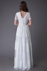 Boho Wedding Dresses Lace Chiffon Patchwork Ivory Short Sleeve Gypsy Maxi Beach Bridal Gowns Exclusive-Dbrbridal