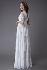 Boho Wedding Dresses Lace Chiffon Patchwork Ivory Short Sleeve Gypsy Maxi Beach Bridal Gowns Exclusive-Dbrbridal
