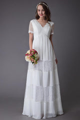 Boho Wedding Dresses Lace Chiffon Patchwork Ivory Short Sleeve Gypsy Maxi Beach Bridal Gowns Exclusive-Dbrbridal