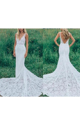 Boho Wedding Dresses Mermaid Chic V-Neck Sleeveless Lace Beach Bridal Dress With Train-Dbrbridal