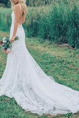 Boho Wedding Dresses Mermaid Chic V-Neck Sleeveless Lace Beach Bridal Dress With Train-Dbrbridal
