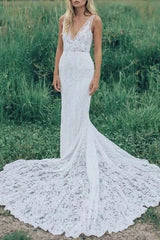 Boho Wedding Dresses Mermaid Chic V-Neck Sleeveless Lace Beach Bridal Dress With Train-Dbrbridal