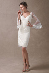 Boho Wedding Dresses Short Column Beach Bridal Dress Bell Sleeve Lace Applique Chic V-Neck Knee Length Summer Wedding Gowns Exclusive-Dbrbridal