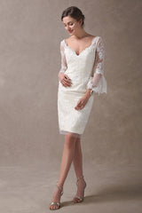 Boho Wedding Dresses Short Column Beach Bridal Dress Bell Sleeve Lace Applique Chic V-Neck Knee Length Summer Wedding Gowns Exclusive-Dbrbridal