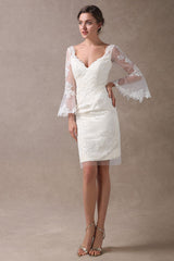 Boho Wedding Dresses Short Column Beach Bridal Dress Bell Sleeve Lace Applique Chic V-Neck Knee Length Summer Wedding Gowns Exclusive-Dbrbridal