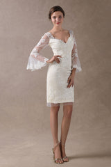 Boho Wedding Dresses Short Column Beach Bridal Dress Bell Sleeve Lace Applique Chic V-Neck Knee Length Summer Wedding Gowns Exclusive-Dbrbridal