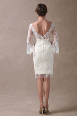 Boho Wedding Dresses Short Column Beach Bridal Dress Bell Sleeve Lace Applique Chic V-Neck Knee Length Summer Wedding Gowns Exclusive-Dbrbridal