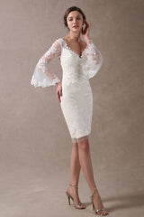 Boho Wedding Dresses Short Column Beach Bridal Dress Bell Sleeve Lace Applique Chic V-Neck Knee Length Summer Wedding Gowns Exclusive-Dbrbridal
