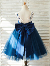 Bows Sleeveless V-Neck Dark Navy Kids Party Dresses-Dbrbridal