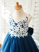 Bows Sleeveless V-Neck Dark Navy Kids Party Dresses-Dbrbridal
