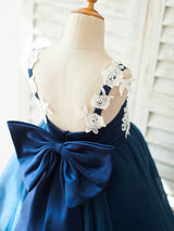 Bows Sleeveless V-Neck Dark Navy Kids Party Dresses-Dbrbridal