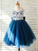 Bows Sleeveless V-Neck Dark Navy Kids Party Dresses-Dbrbridal