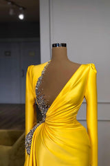 Bright Yellow V-neck Metallic Sequin Long sleeves Prom Dress-Dbrbridal