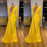 Bright Yellow V-neck Metallic Sequin Long sleeves Prom Dress-Dbrbridal
