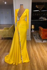 Bright Yellow V-neck Metallic Sequin Long sleeves Prom Dress-Dbrbridal