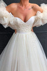 Bubble Sleeves Tulle Ball Dresses With Crystals Off-the-Shoulder-Dbrbridal