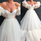 Bubble Sleeves Tulle Ball Dresses With Crystals Off-the-Shoulder-Dbrbridal