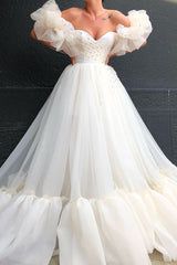 Bubble Sleeves Tulle Ball Dresses With Crystals Off-the-Shoulder-Dbrbridal