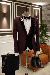 Burgundy 3-pieces Peaked Lapel Slim Fit Men's Prom Suits-Dbrbridal