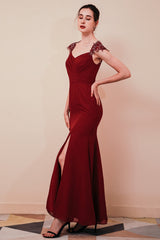 Burgundy Evening Gowns Beadings Cap sleeves Chiffon Column Evening Party Gowns-Dbrbridal