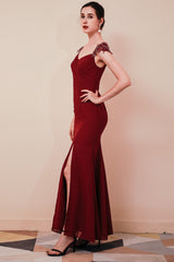 Burgundy Evening Gowns Beadings Cap sleeves Chiffon Column Evening Party Gowns-Dbrbridal