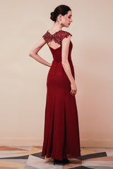Burgundy Evening Gowns Beadings Cap sleeves Chiffon Column Evening Party Gowns-Dbrbridal