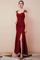 Burgundy Evening Gowns Beadings Cap sleeves Chiffon Column Evening Party Gowns-Dbrbridal